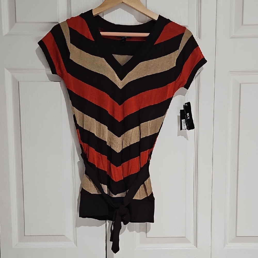 BCX Chevron Stripe Tie-Front Knit Top – Black, Rust & Tan – NWT – Size M